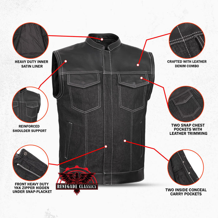 Men's Leather-Denim Combo Motorcycle Vest w/ Scoop Collar