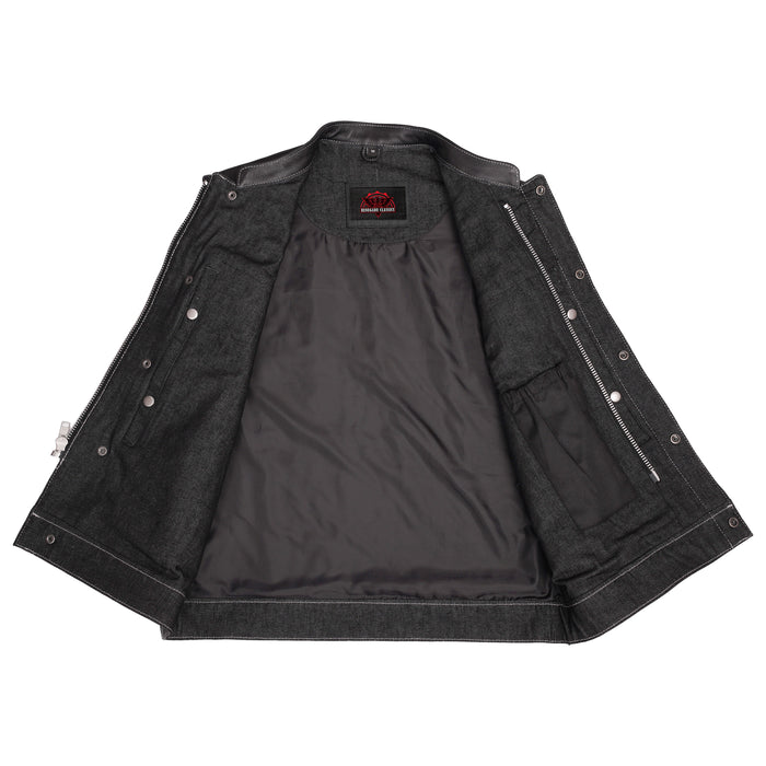 Men's Leather-Denim Combo Motorcycle Vest w/ Scoop Collar