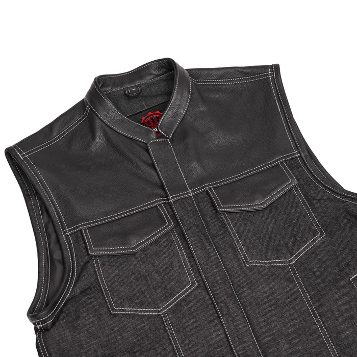 Men's Leather-Denim Combo Motorcycle Vest w/ Scoop Collar