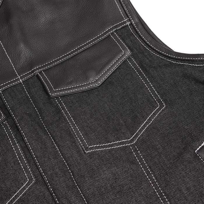 Men's Leather-Denim Combo Motorcycle Vest w/ Scoop Collar