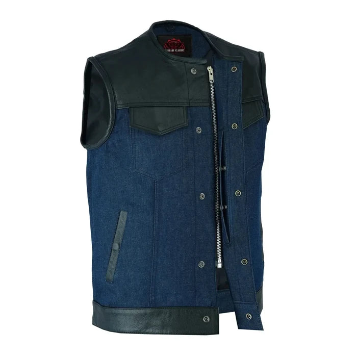 Men's Leather/Denim Combo Vest (Black/Broken Blue)