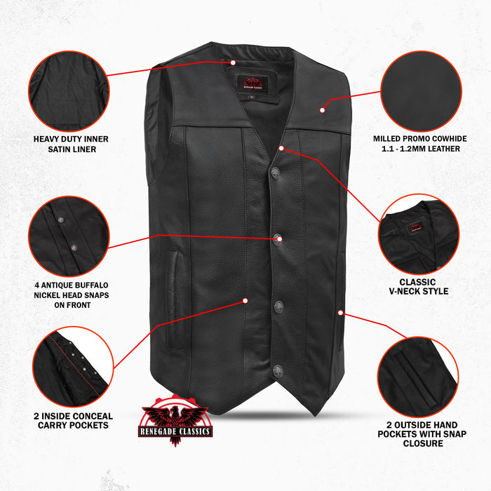 Men's Milled Single Back Panel Leather Vest - Black