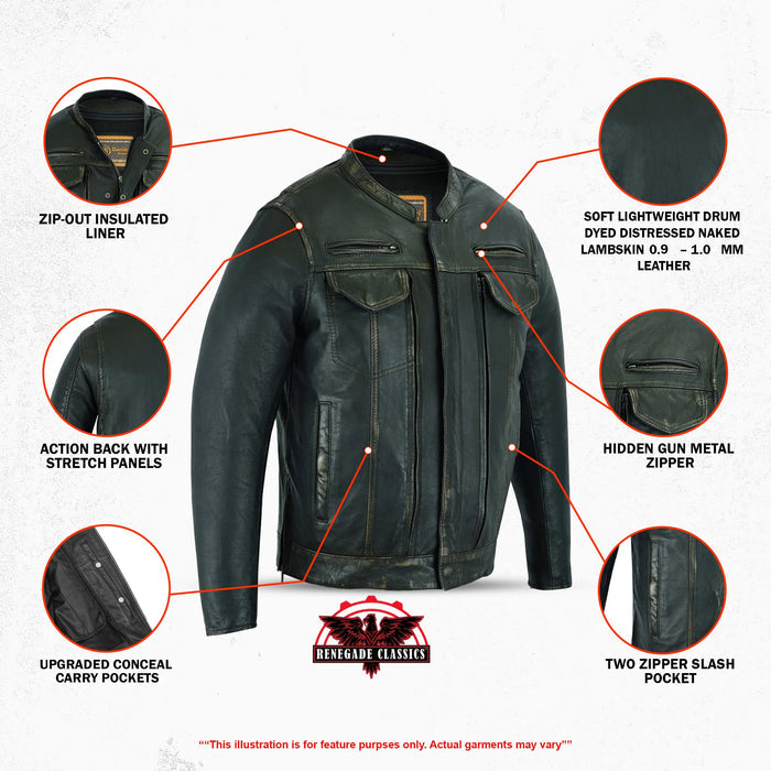 Men's Modern Utility Style Jacket in Lightweight Drum Dyed Distressed Naked Lambskin
