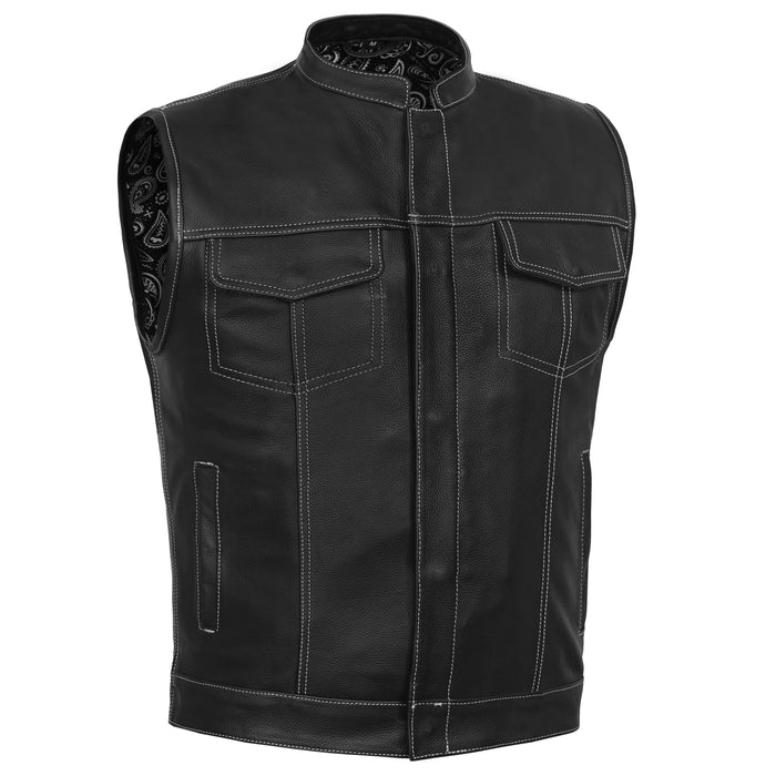 Men's Paisley Black Leather Motorcycle Vest with White Stitching