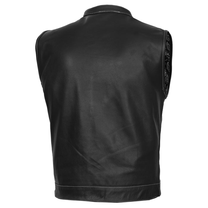 Men's Paisley Black Leather Motorcycle Vest with White Stitching