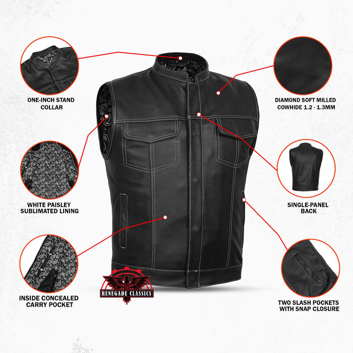 Men's Paisley Black Leather Motorcycle Vest with White Stitching
