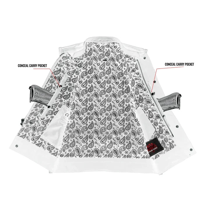 Men's Paisley Black Leather Motorcycle Vest with White Stitching
