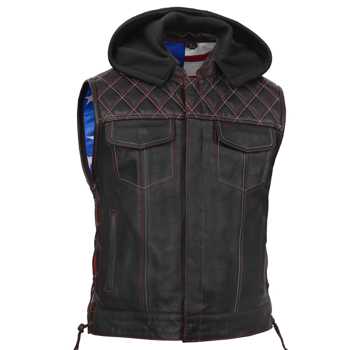 Men's Road Edge Leather Black Vest – Removable Hood