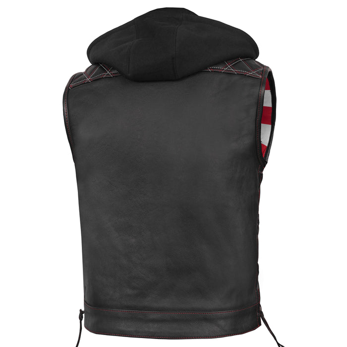 Men's Road Edge Leather Black Vest – Removable Hood