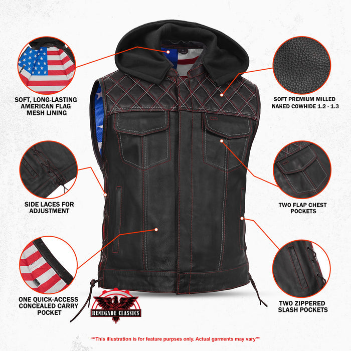 Men's Road Edge Leather Black Vest – Removable Hood