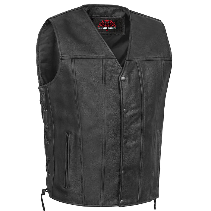 Men's Tall Classic Tapered Bottom Biker Leather Vest- Black