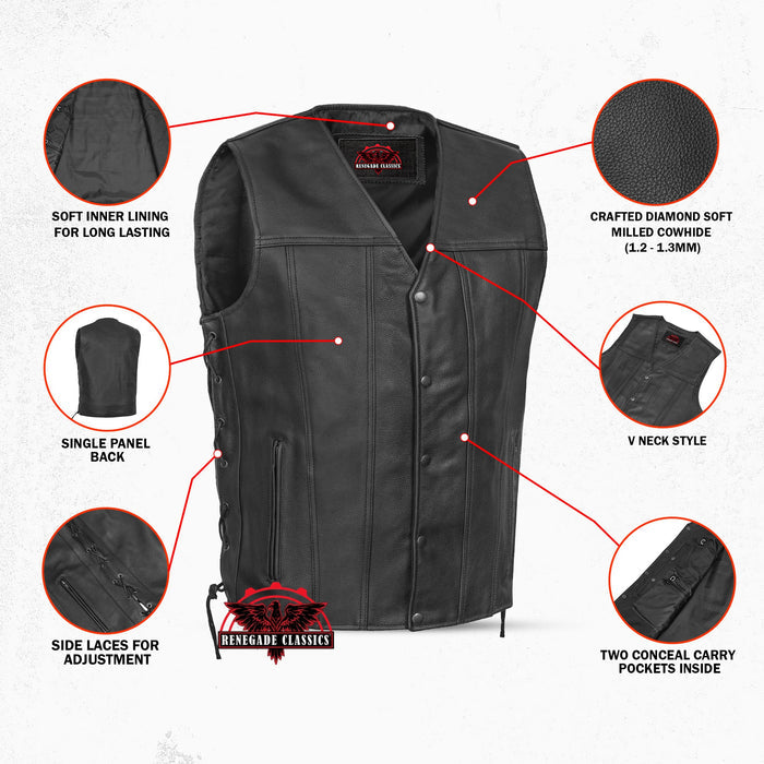 Men's Tall Classic Tapered Bottom Biker Leather Vest- Black