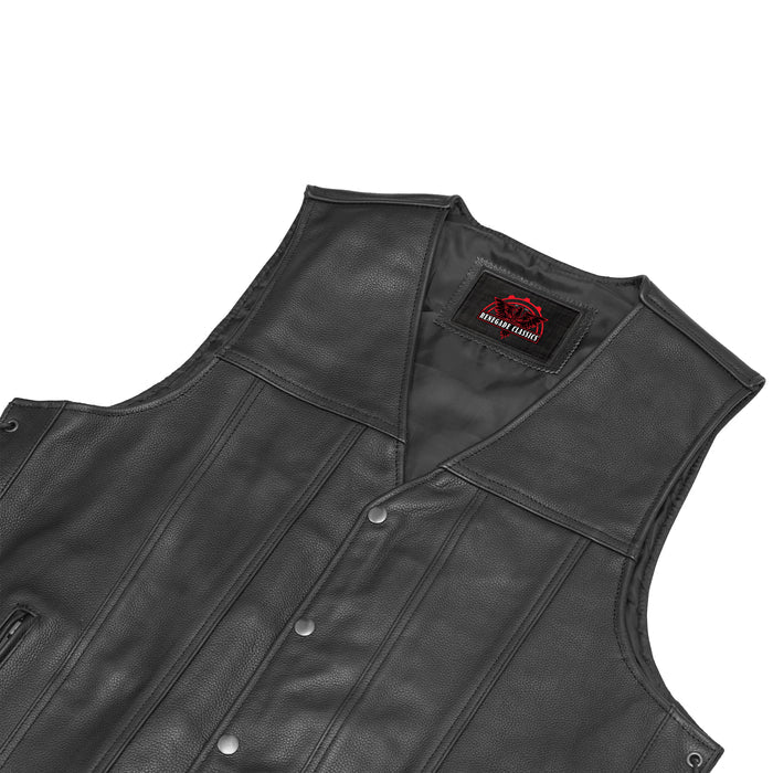 Men's Tall Classic Tapered Bottom Biker Leather Vest- Black