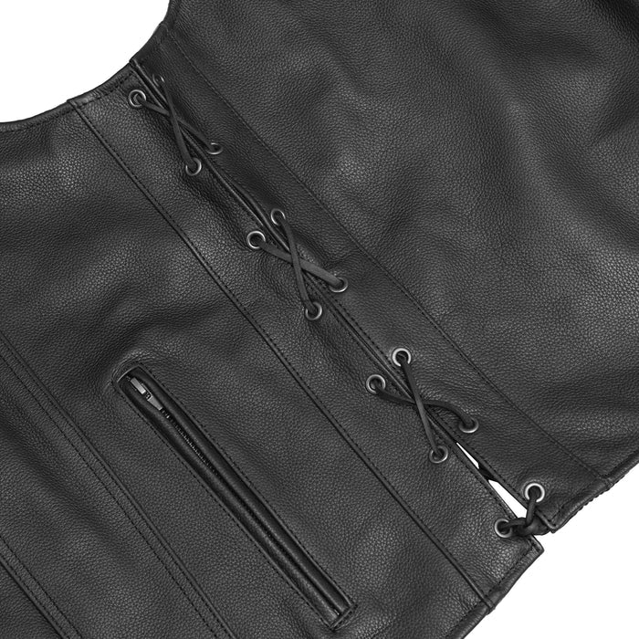 Men's Tall Classic Tapered Bottom Biker Leather Vest- Black