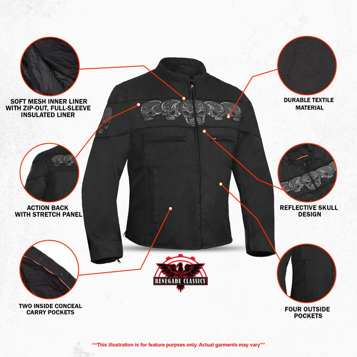 Men's Textile Scooter Style Jacket w/ Reflective Skulls