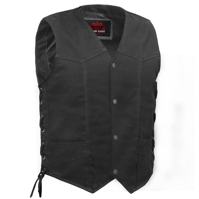 Men's Traditional Denim Motorcycle Vest with Side Laces – Smart Access Pockets