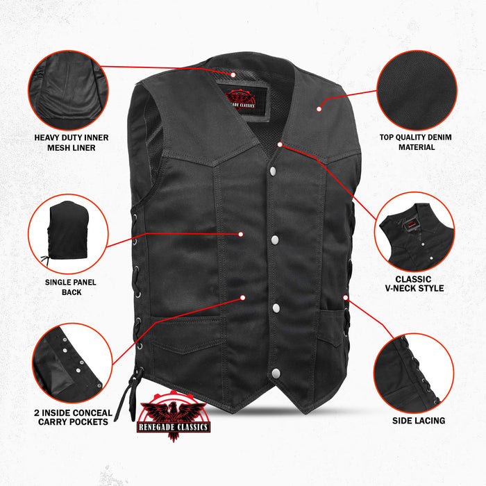 Men's Traditional Denim Motorcycle Vest with Side Laces – Smart Access Pockets