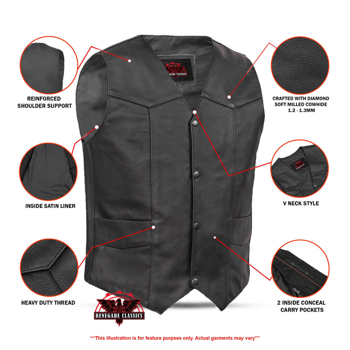 Men's Traditional Leather Motorcycle Vest - Black