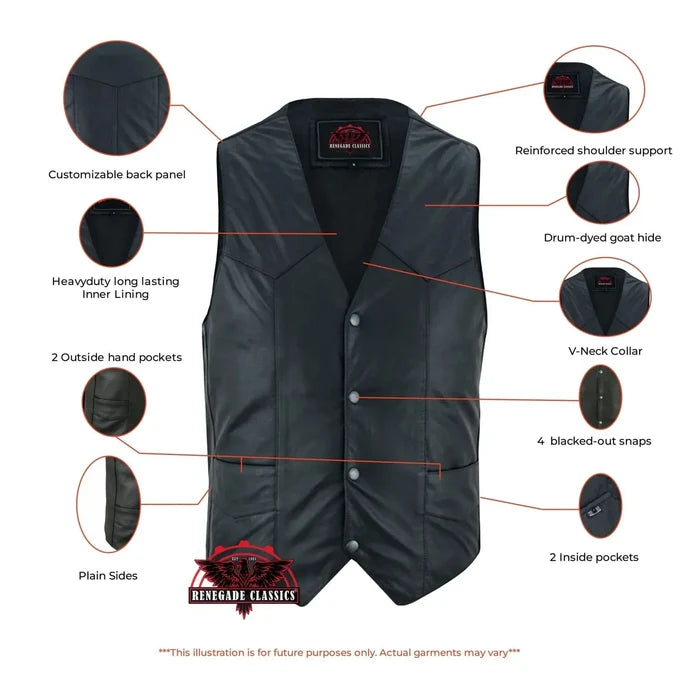 Men's Traditional Light Weight Black Leather Motorcycle Vest