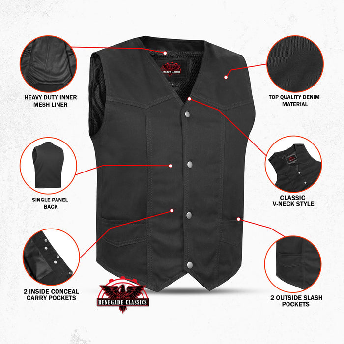 Men's Traditional Motorcycle Denim Vest with Plain Sides