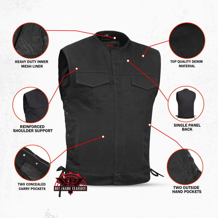 Men's Upgraded All-Black Denim Motorcycle Vest – Smart Access Pockets