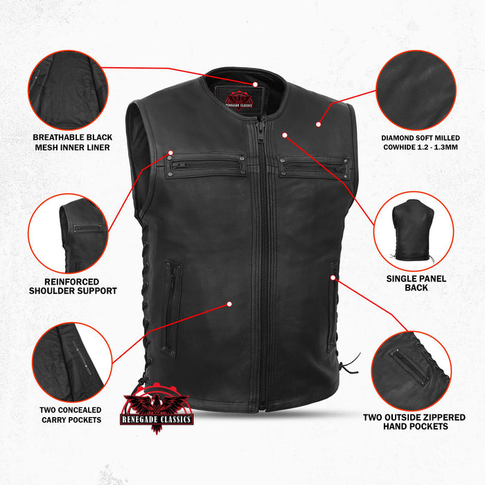 Men's Zipper Front Black Leather Motorcycle Vest