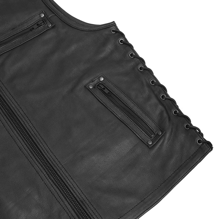 Men's Zipper Front Black Leather Motorcycle Vest