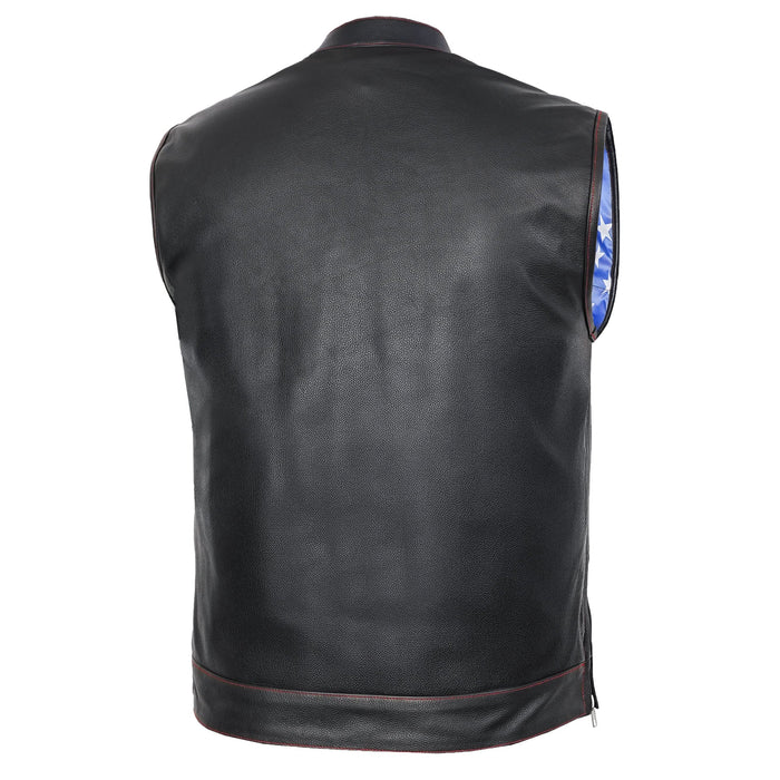 Mens's Leather Motorcycle Vest with Scoop Collar & USA Flag