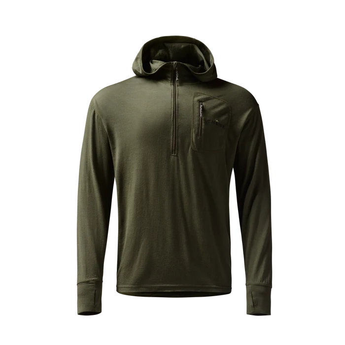 Merino Half Zip with Hood in Olive, front view #olive