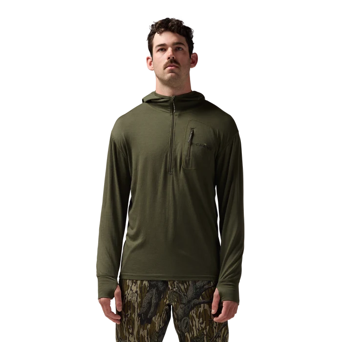 Merino Half Zip with Hood in Olive, on model #olive