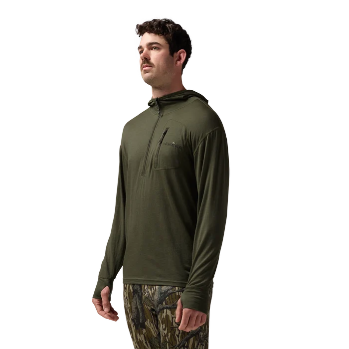 Merino Half Zip with Hood in Olive, on model #olive