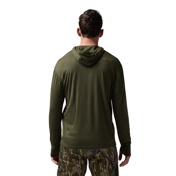 Merino Half Zip with Hood in Olive, on model #olive