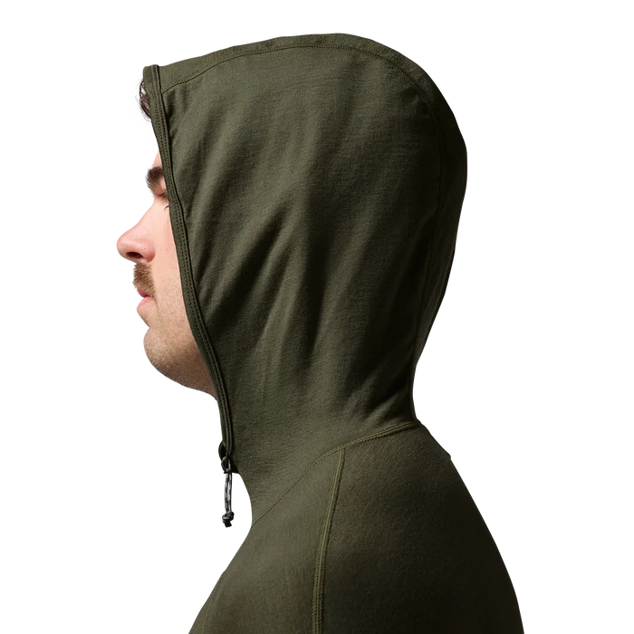 Merino Half Zip with Hood in Olive, on model #olive