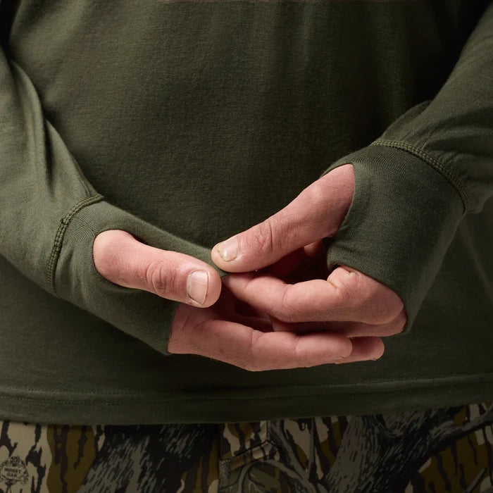 Merino Half Zip with Hood in Olive, on model #olive