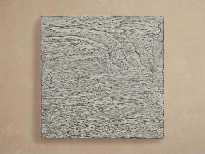 Hamptons Outdoor Teak Finish Board, a square sample of weathered grey wood with a heavily textured, distressed grain.
