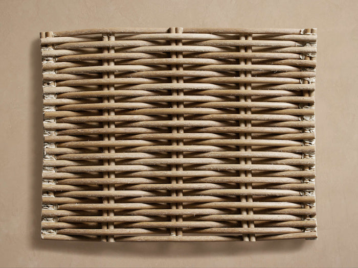 Montauk Outdoor Finish Board. A square panel of tightly woven light brown wicker, viewed from above on a beige surface.