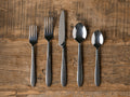 Murray Five Piece Place Setting on wood surface, displaying two forks, a knife, a spoon, and a teaspoon with tapered handles.