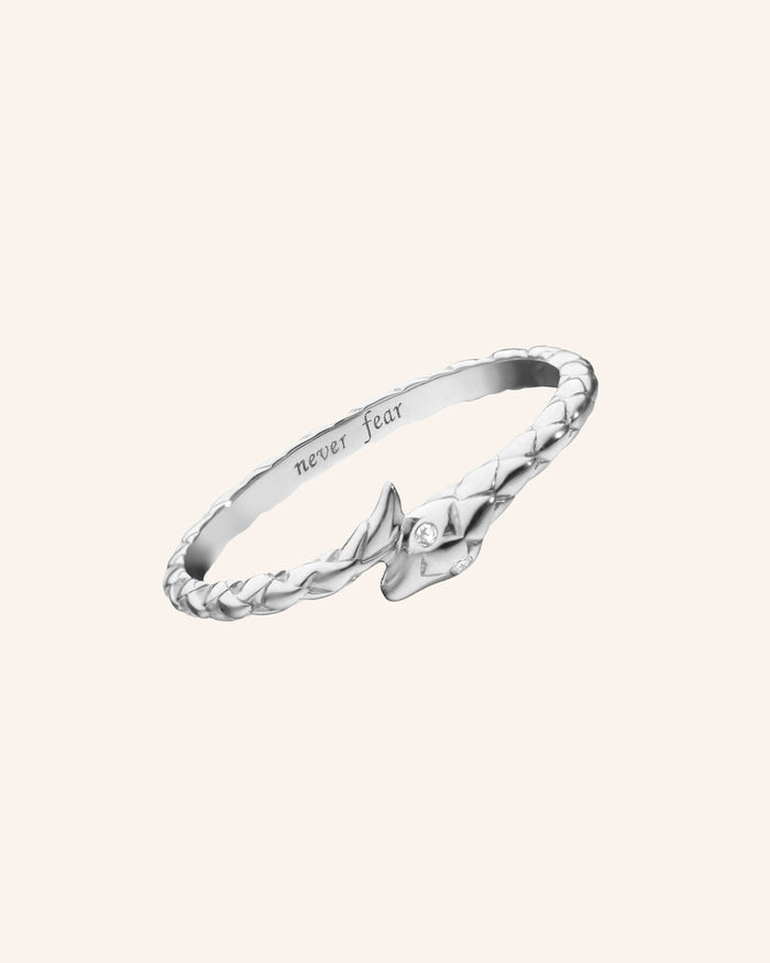 "Never Fear" Snake Poesy Slim Sterling Silver Stackable Ring