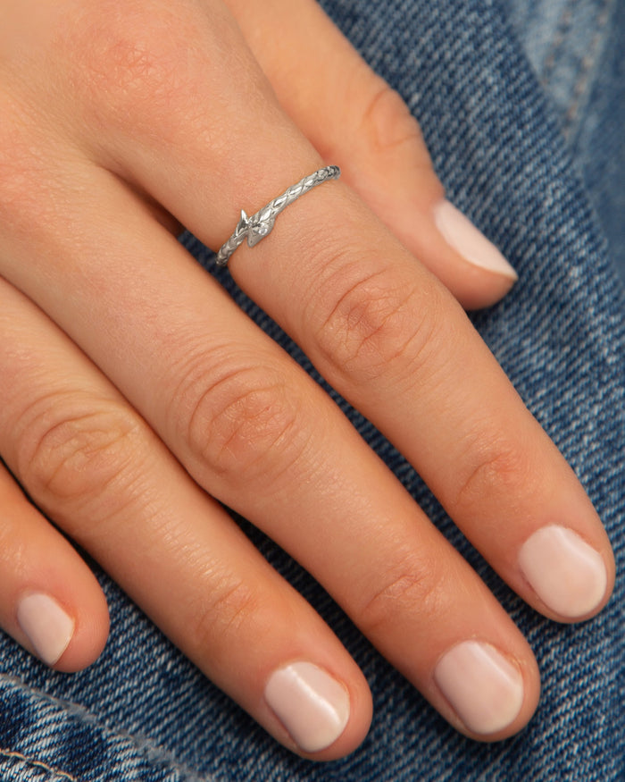 "Never Fear" Snake Poesy Slim Sterling Silver Stackable Ring