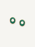 Gold earrings with blue gemstones on a white background