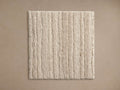 Nova Hand-Knotted Rug Swatch in beige, features a textured, vertical stripe pattern. Square shape on a neutral background.