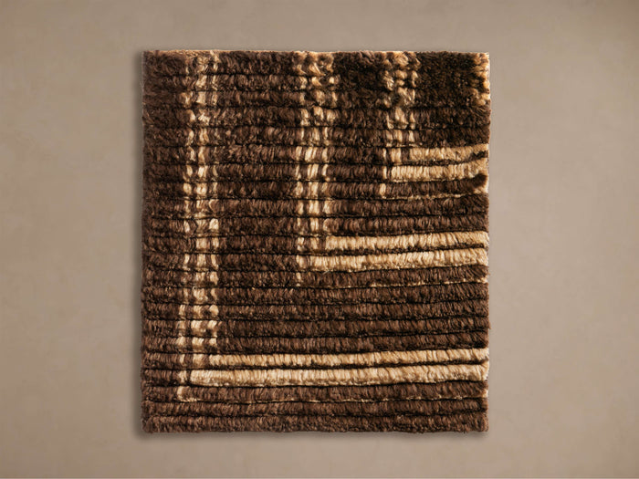 Orla Hand-Knotted Rug Swatch: Vertical rectangular sample with textured dark brown & light beige horizontal stripes.