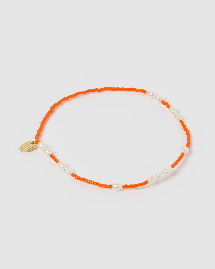 Poppy Pearl & Glass Beaded Anklet - Orange