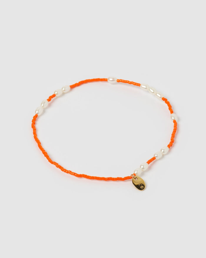 Poppy Pearl & Glass Beaded Anklet - Orange