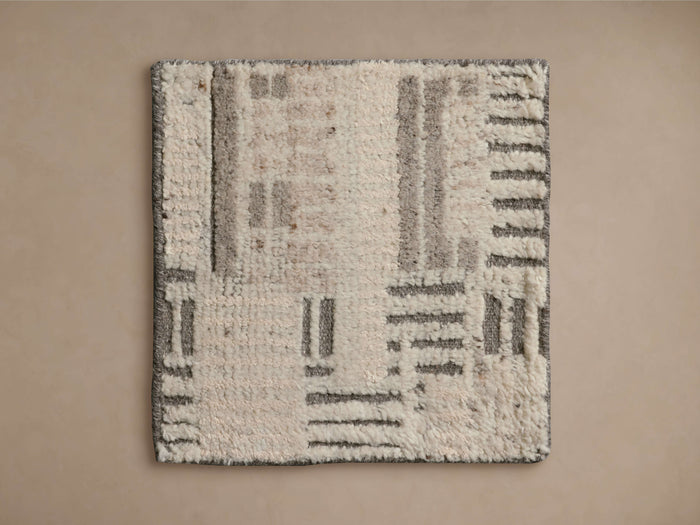 Rex Hand-Knotted Rug Swatch, square-shaped, cream base with gray linear patterns, textured surface, displayed on a neutral background.