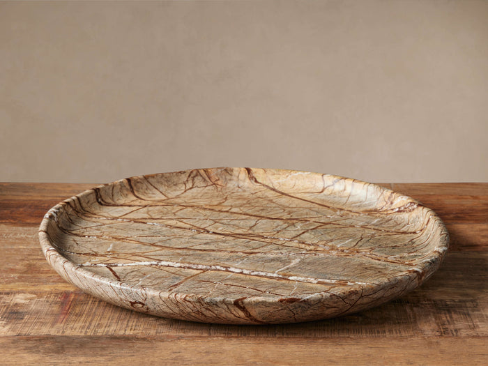 Rhodes Marble Platter, round, shallow, with prominent brown and white branch-like veining on a beige/grey marble base.