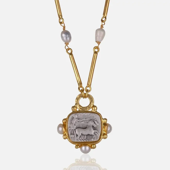 Roman Coin Necklace with Pearl Accents - The Riviera Towel Company