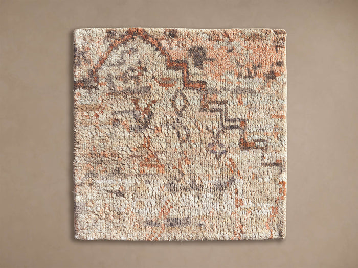 Samina Hand-Knotted Rug Swatch: square, textured, in off-white with abstract terracotta and dark brown geometric patterns.