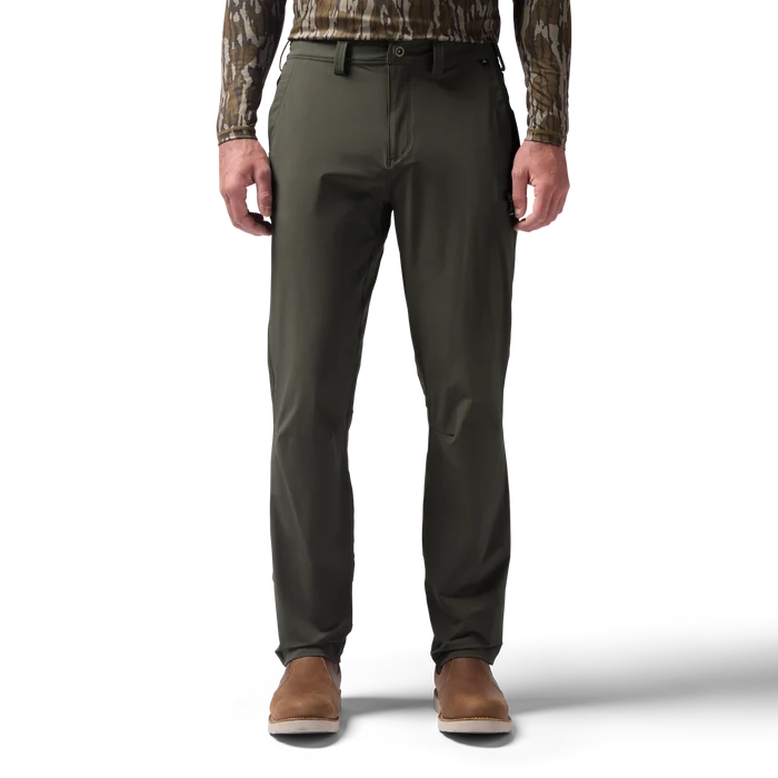 Front on-model view of Scout Pant in cypress. #cypress
