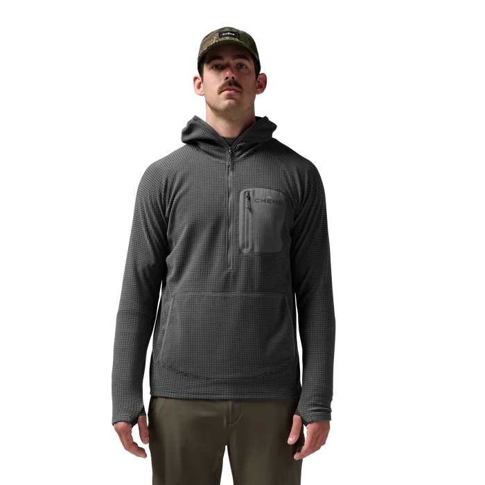 Sixty Series Check Fleece Half Zip with Hood in Gray, on model #gray